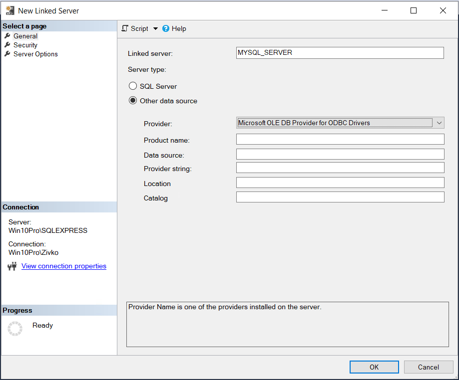 The New Linked Server dialog - ODBC Drivers