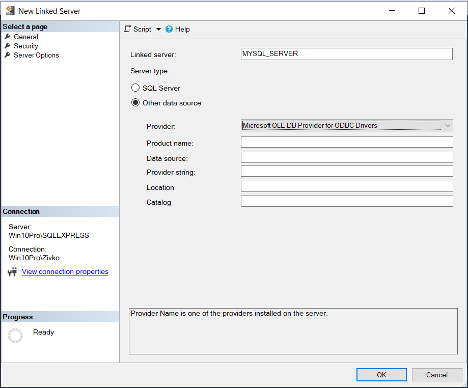 The New Linked Server dialog  - ODBC Drivers 