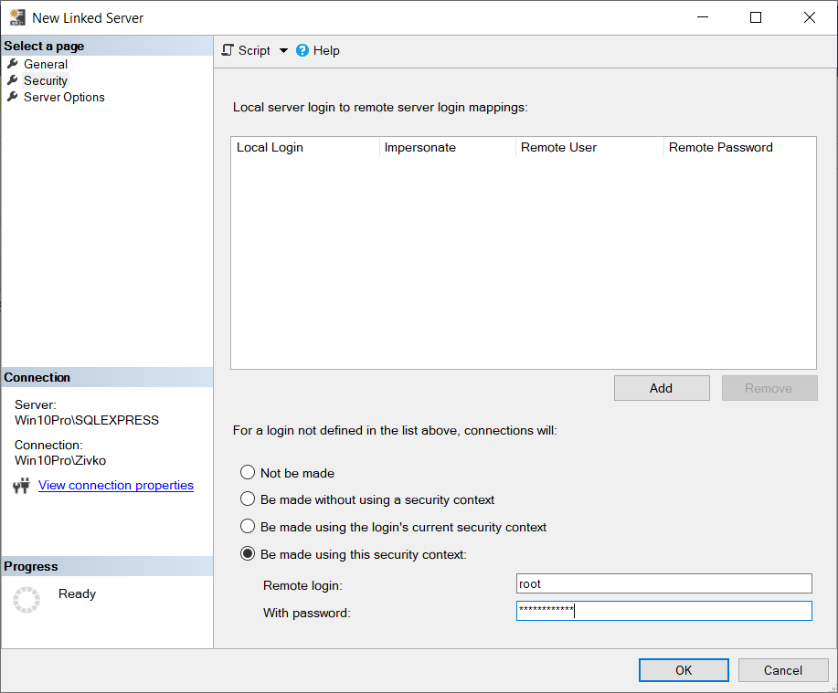 The New Linked Server dialog - Security tab