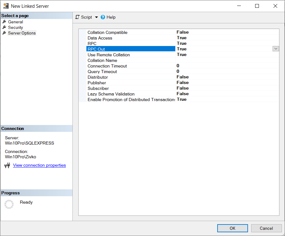 The New Linked Server dialog -Server Options tab