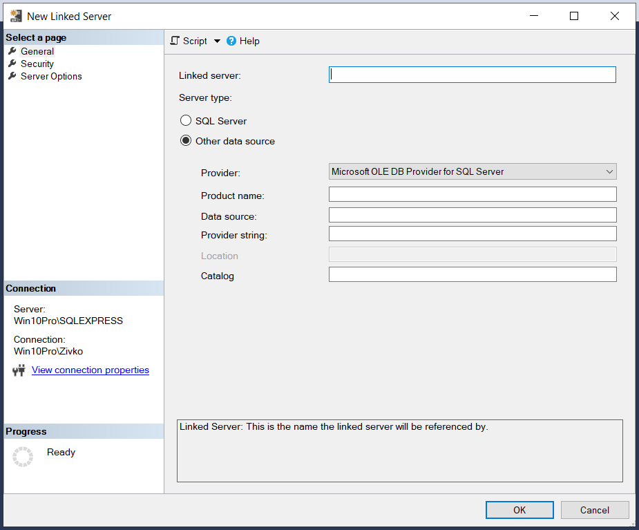 The New Linked Server dialog