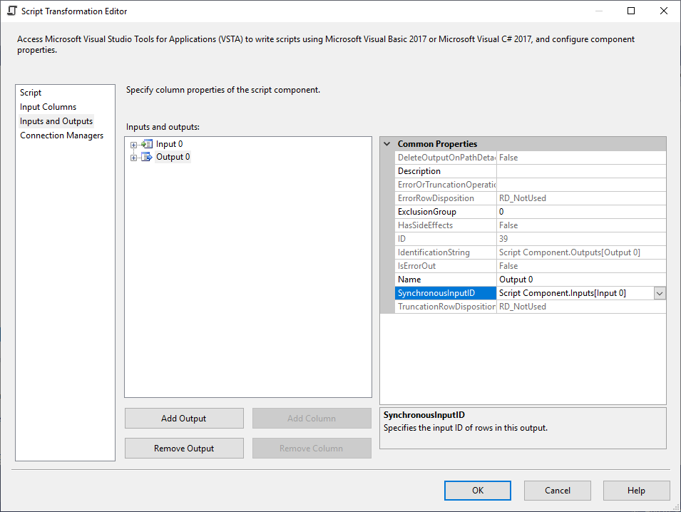 this image shows how to add a synchronous output in the ssis script component transformation