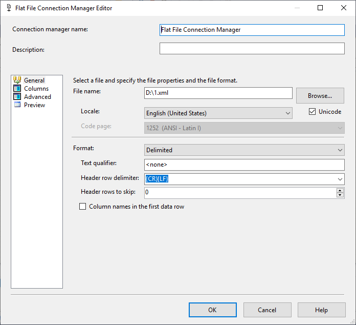 This image shows how we configured Flat File connection manager to act as SSIS XML Destination