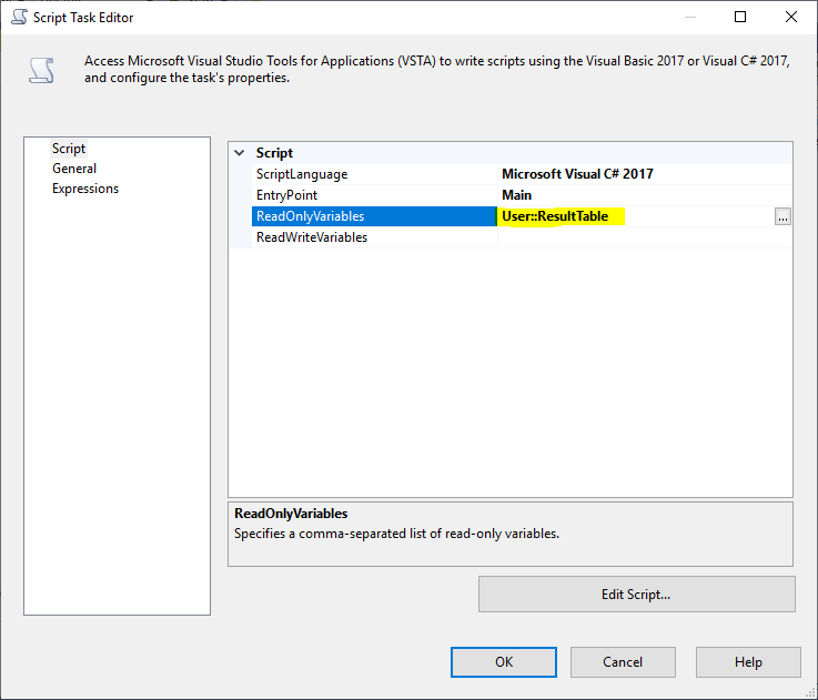 This image shows how we configured the Script Task to act as SSIS XML Destination