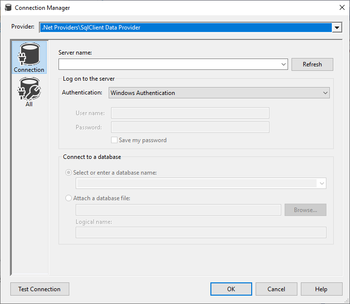 This image shows the ADO.NET connection manager editor form