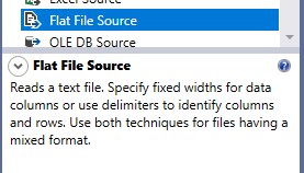 this image shows the description of SSIS flat file source component from the toolbox