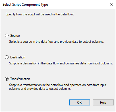 this image shows the form used to select the ssis script component type
