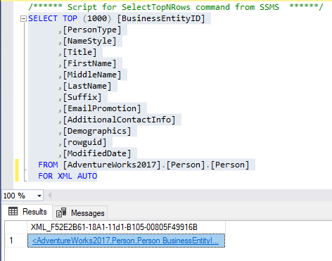 This image shows the result of an SQL query using For XML auto