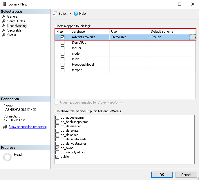 Verify the user and SQL schema mapping