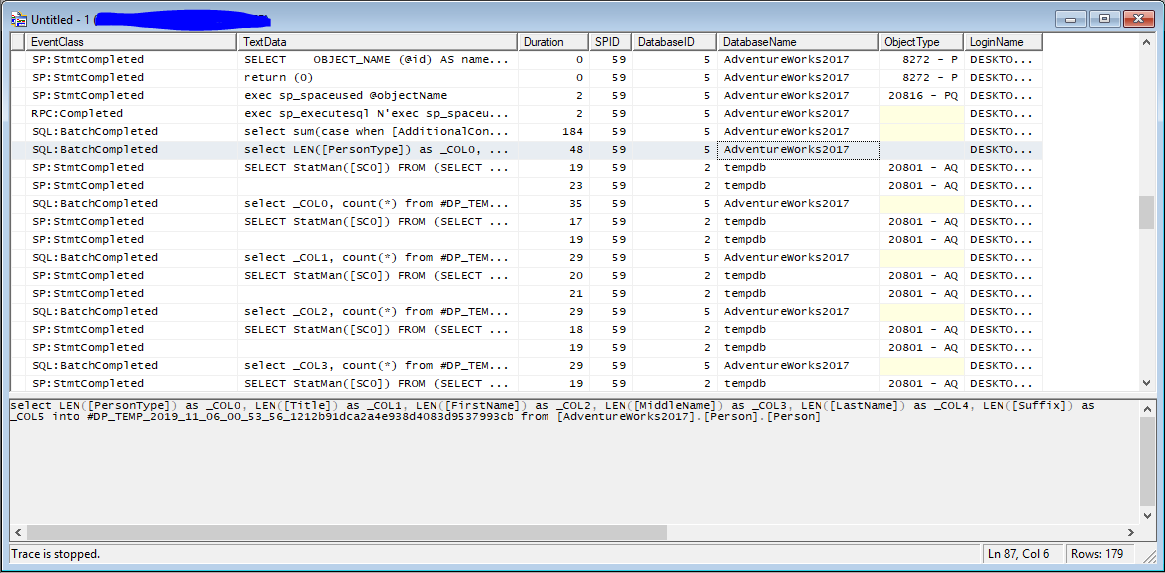 a screenshot of the sql profiler trace that we created in the experiment