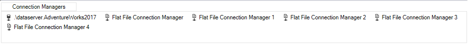 connection managers tab showing one ole db connection manager and 5 flat file connection managers