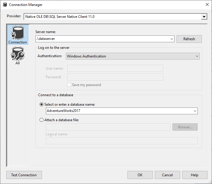 ole db connection manager used to connect to the source table