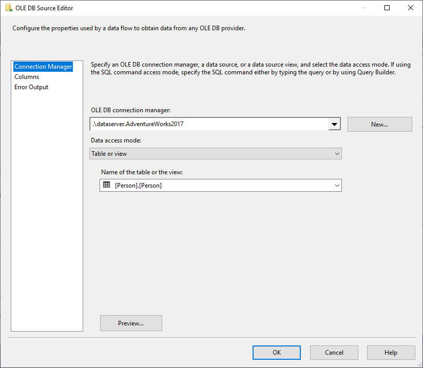 ole db source configuration