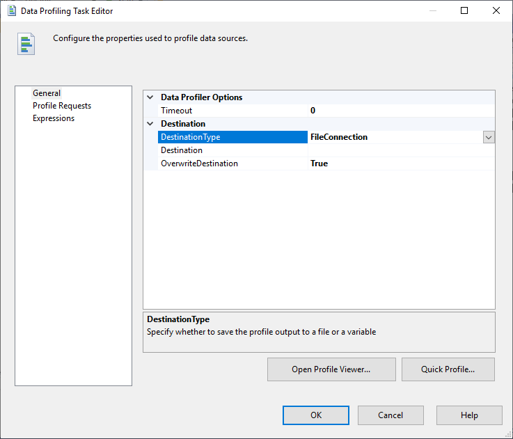 the general tab page of the configuration form of the data profiling task in SSIS