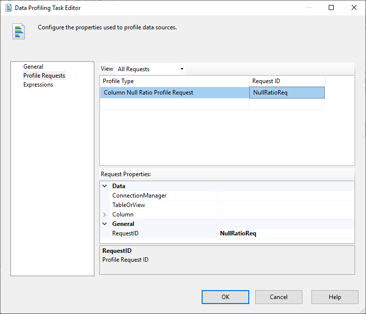 the profile requests tab page of the configuration form of the data profiling task in SSIS