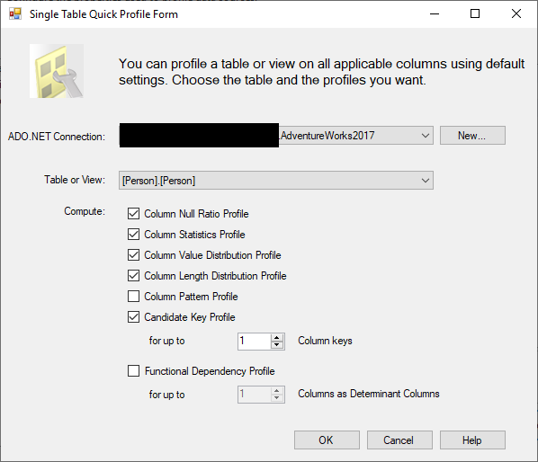 the quick profile form in the data profiling task in SSIS