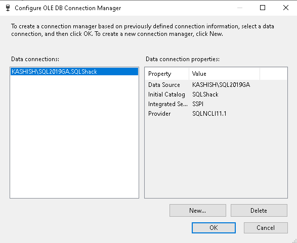 Add SQL Server instance name, authentication (windows\SQL) in the OLE DB connection 