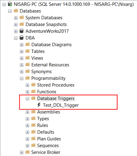 Database trigger in SQL Server management studio.