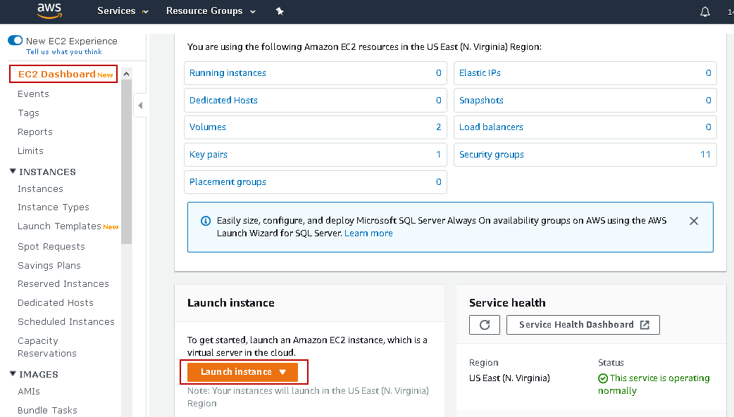 EC2 dashboard