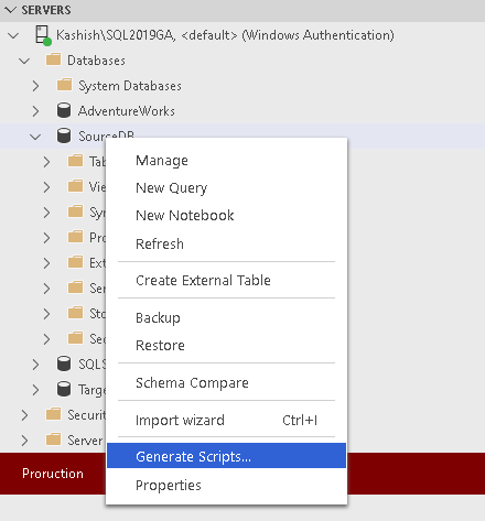 Generate Scripts in database admin tool extension of Azure Data Studio