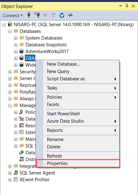 Right-Click on database properties