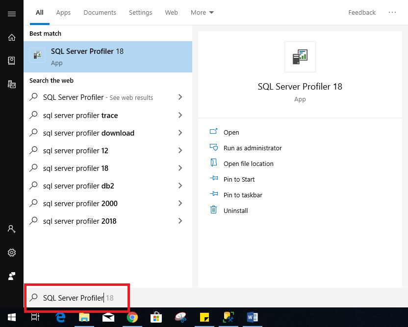 running SQL Server profiler from the start menu in Windows 10