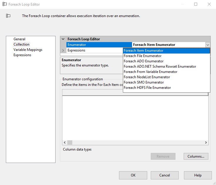 Selecting the enumarator type within the SSIS foreach loop container collection tab page