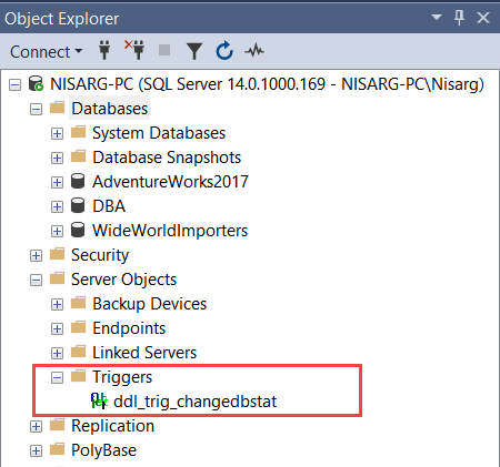 Server scoped trigger in SQL Server management studio.