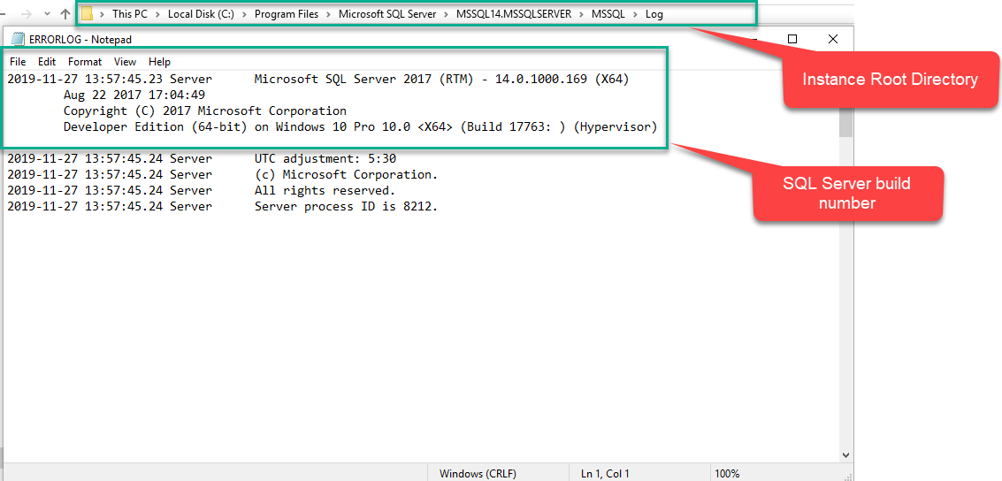SQL Server version number in ERRORLOG file