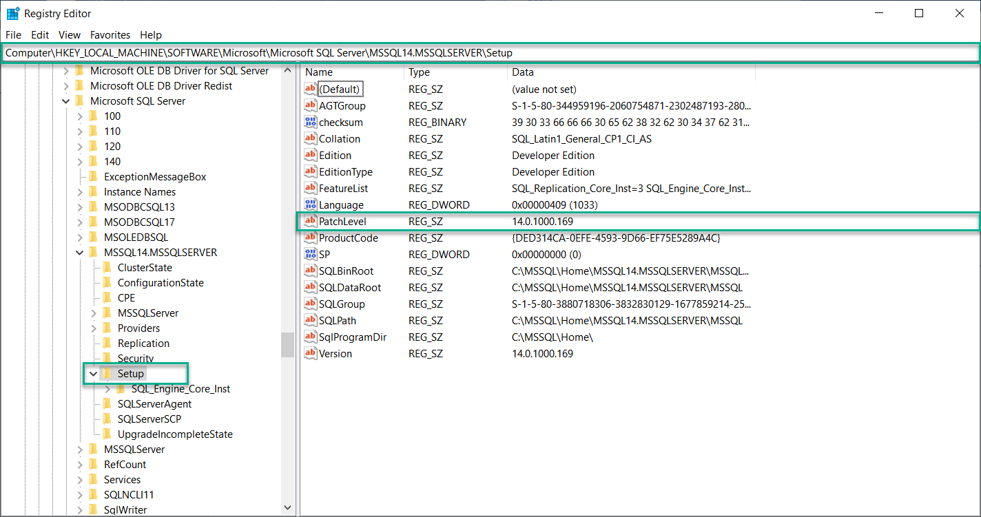 SQL Server version number is mentioned in Patch level and version text box of Windows Registry