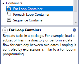 SSIS for loop container description from the toolbox