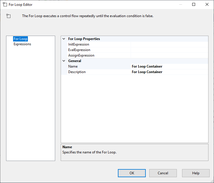 SSIS for loop container editor