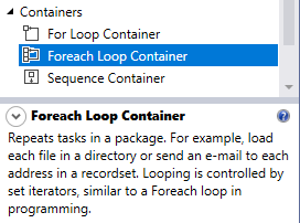 SSIS foreach loop container description from the toolbox