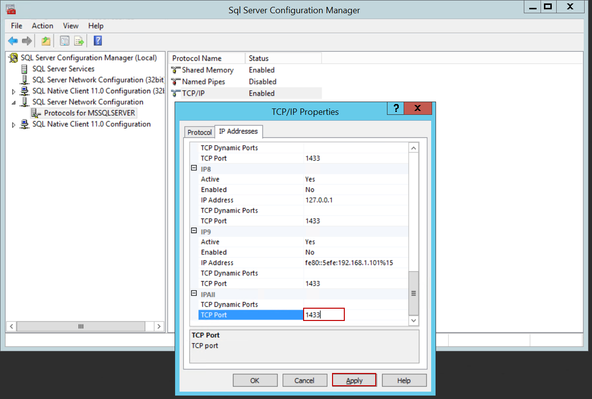 Enable TCP/IP protocol of the SQL Server Express
