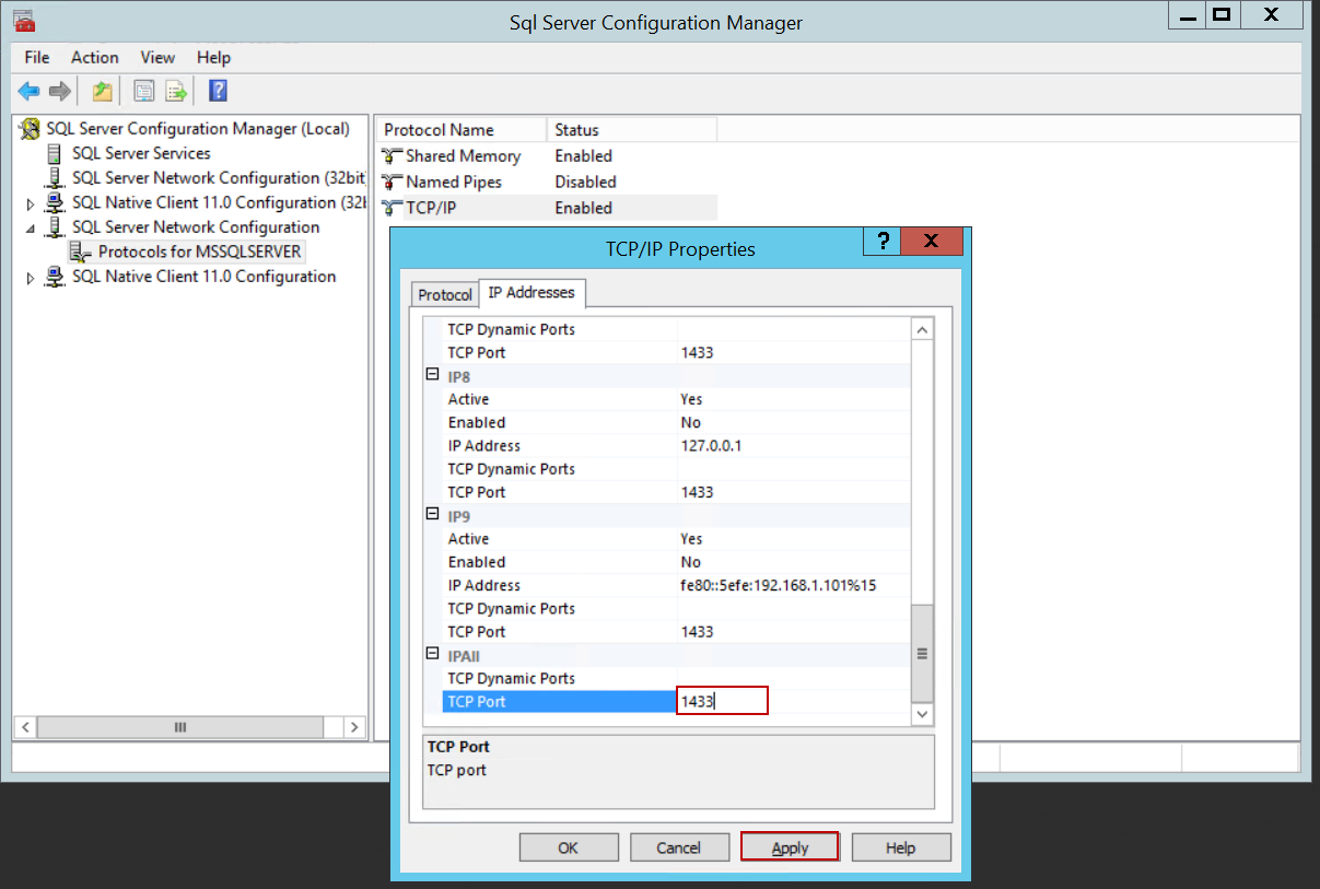 MS SQL Express Edition 2019. Tcp ip connections on port 5432