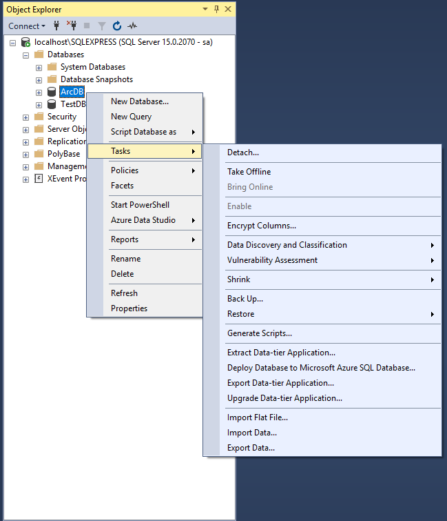 Object Explorer right-click menu in Microsoft SQL Server Management Studio 
