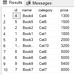Output from using SELECT * FROM to show books are sorted into ascending price