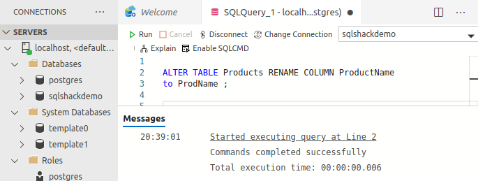Rename a column in the existing table