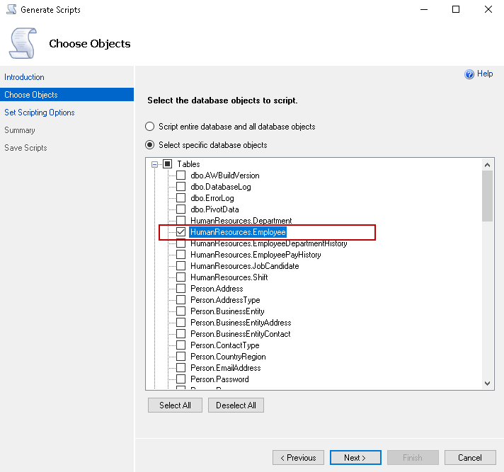 Select database objects