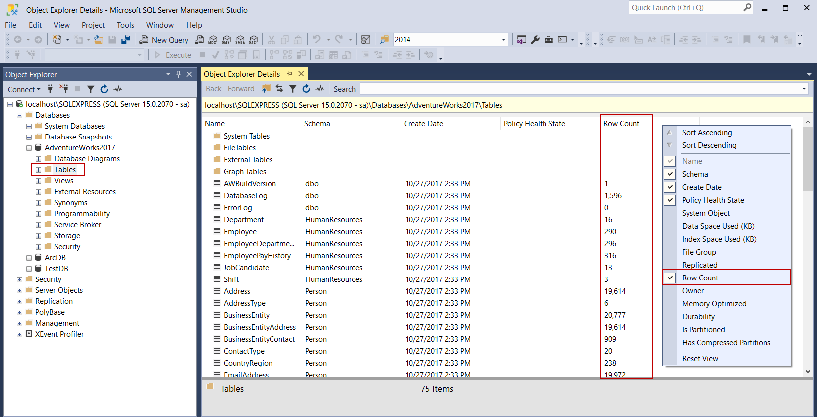 Showing tables row count in the Object Explorer Details