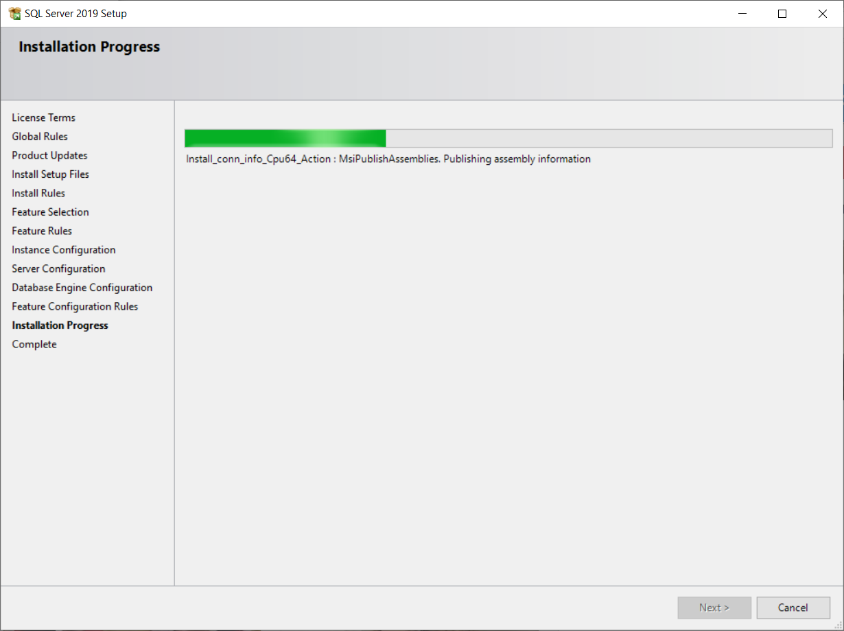 SQL Server Express Installation Progress screen