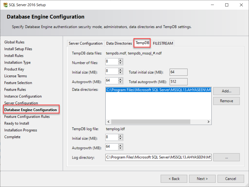 expertul de instalare SQL Server-TempDB