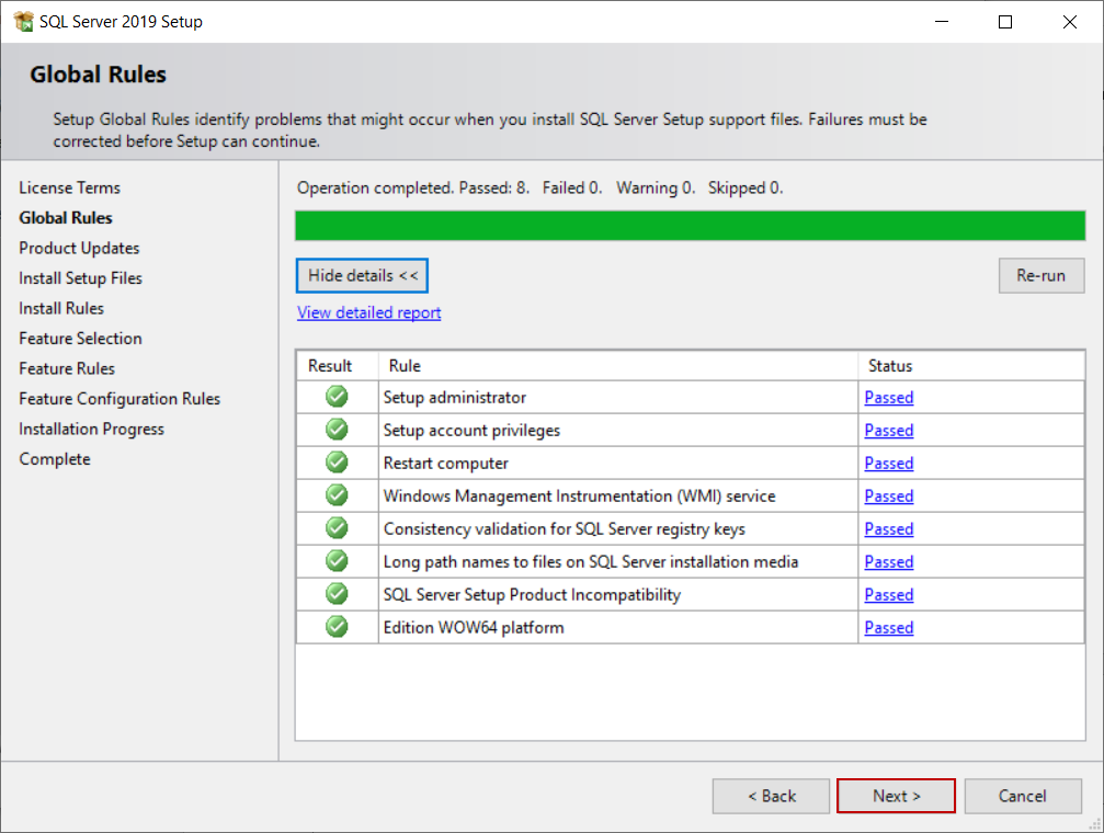 SQL Server Setup Global Rules screen