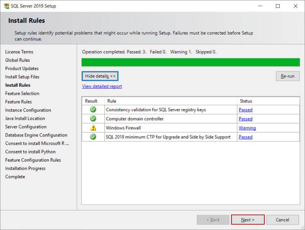 SQL Server Setup Install Rules screen