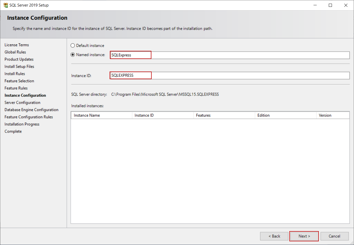 SQL Server Setup Instance Configuration screen