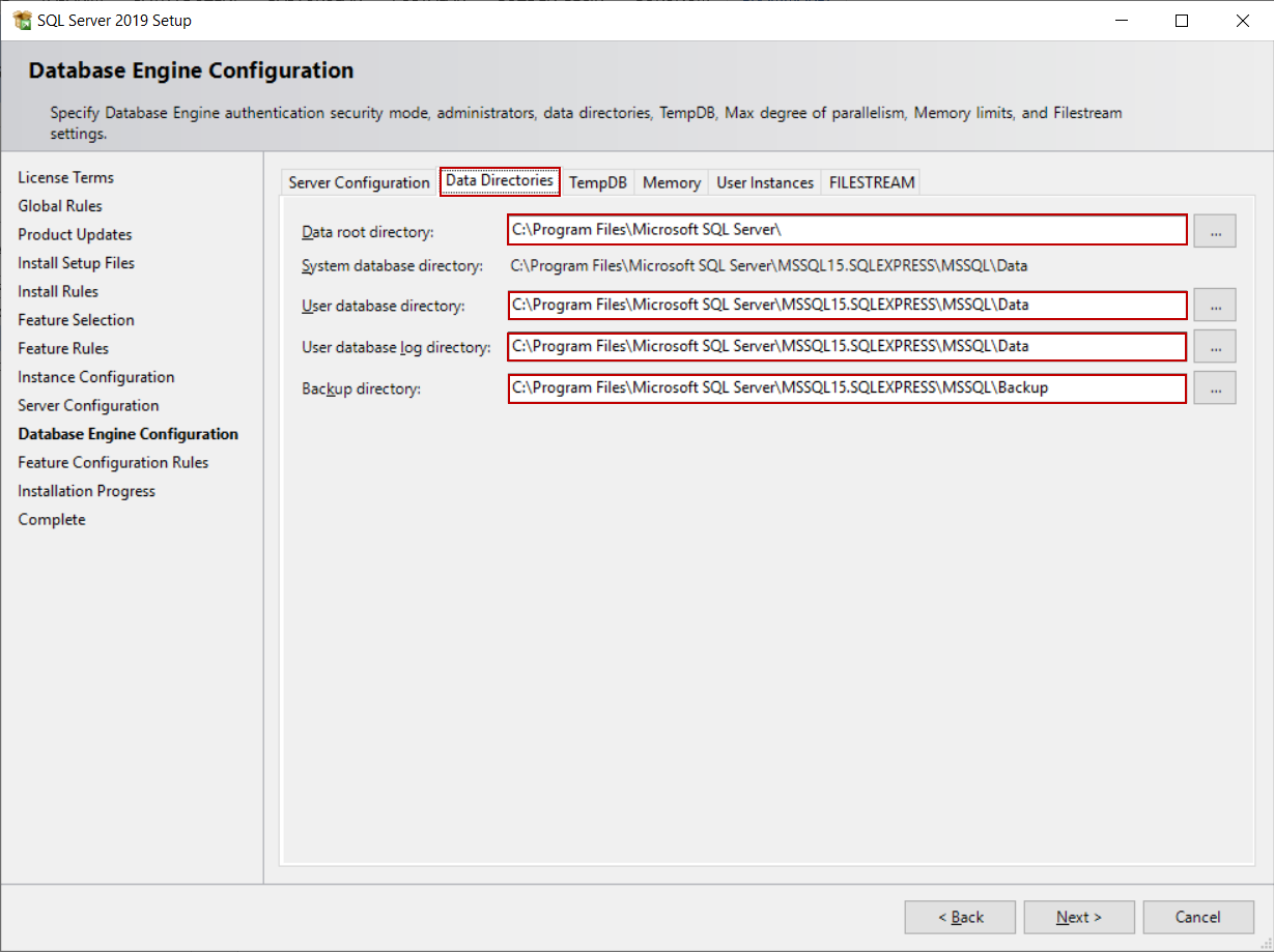 SQL Server Setup setting database files directories