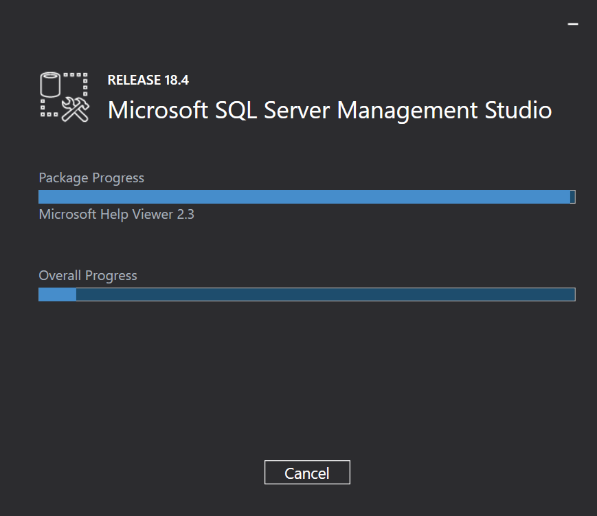 SSMS installation "Package Progress and Overall Progress" screen