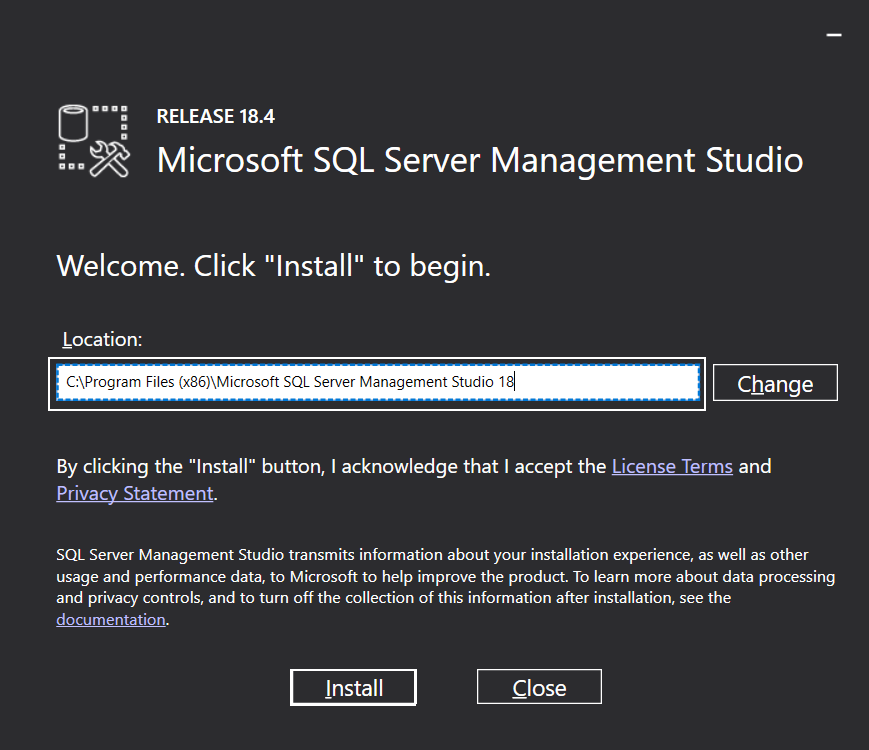 Starting installation of Microsoft SQL Server Management Studio