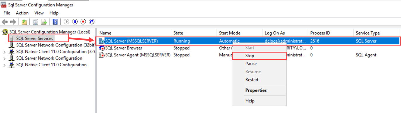 Stop the SQL Services on SQL02