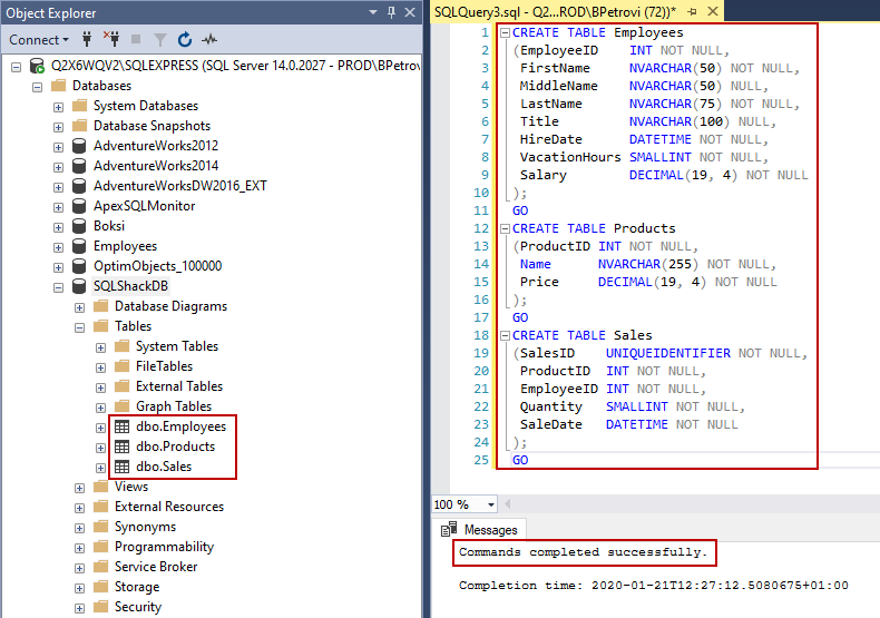 T-SQL script for creating three sample tables in SQLShack database